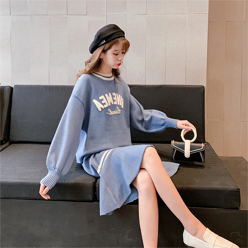 

Net red two-piece suit female autumn and winter color matching letters jacket top fishtail knit skirt two-piece suit