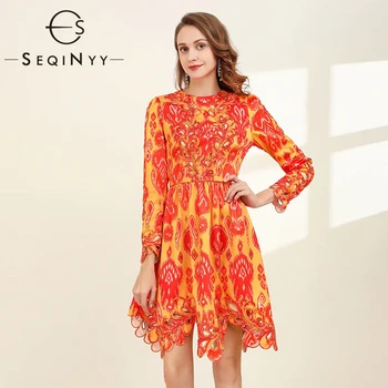 

SEQINYY Orange Dress 2020 Summer Spring New Fashion Design Flowers Printed Hollow out A-line Mini Dress