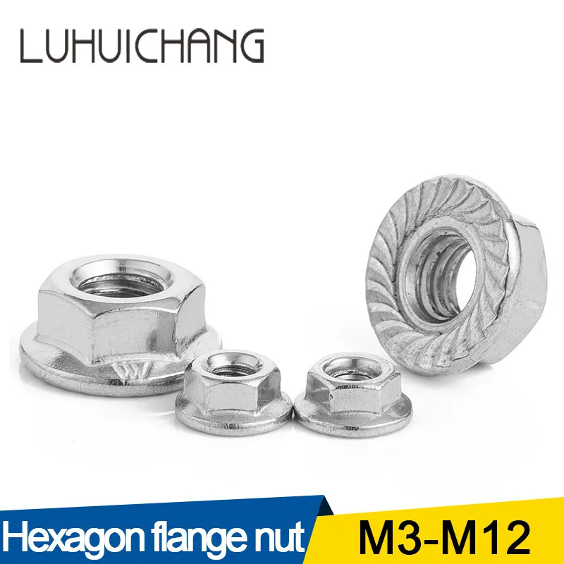 

LUHUICHNAG 10/25/50/55pcs Stainless Steel Hexagon Flange Nut M3 M4 M5 M6 M8 M10 M12 Zinc Plated Carbon Steel Flange Nut DIN6923