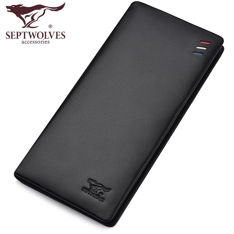 

Septwolves fashion brand men wallets genuine leather long slim wallet ID credit card holder purse