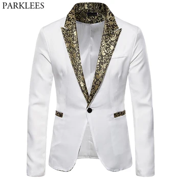 

White Blazer Men Gold Jacquard Floral One Button Mens Blazer Jacket Wedding Party Stage Performance Men Blazer Dress Masculino