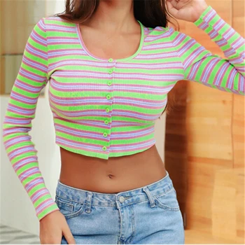 

Autumn New Fashion Women Long Sleeves Knitted Colorful Striped Crop Tops Round Neck T-shirt Slim Fit Tops Strip Button Down Top