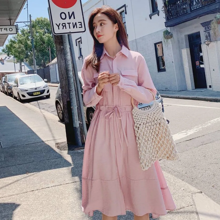 

Photo Shoot INS Sweet Pink Cotton Linen Mid-length Loose-Fit Drawstring Waist Hugging Fold-down Collar Single-Breasted A- line S