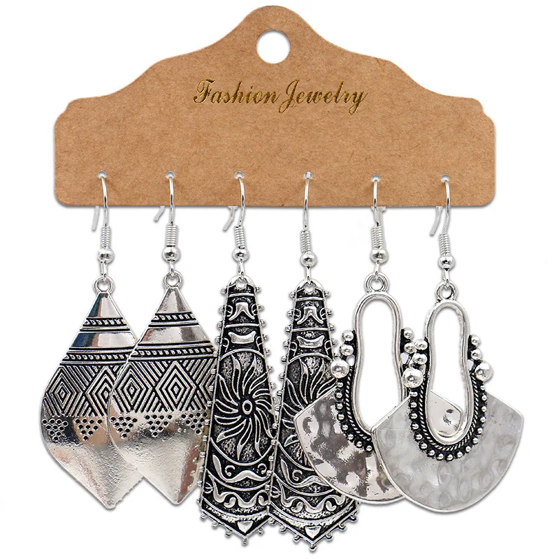 Antique Sliver-Plated Hollow Alloy Geometric Dangle Indian Earrings for Women