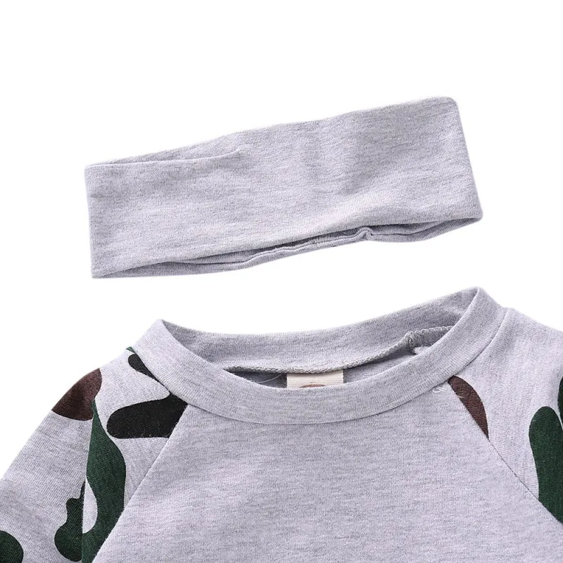Одежда для маленьких мальчиков осенний Камуфляжный свитер с длинными рукавами и брюки с принтом и однотонная повязка на голову для детей, 4