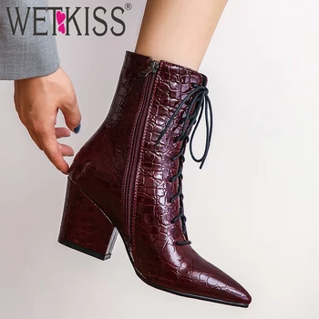 

WETKISS High Heels Motorcycle Boots Women Emboss Pu Ankle Boot Female Lace Up Shoes Ladies Pointed Toe Shoes Women Winter 2020