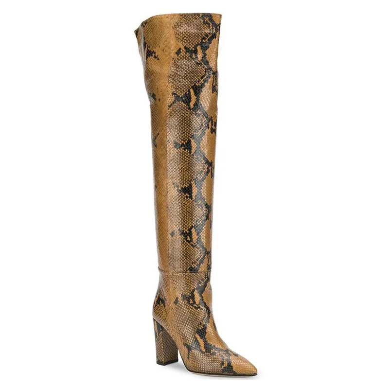 

Women's Long Boot Sexy Snakeskin Leather Pointed Toed High Heeled Knee High Boots Over-the-kneeboots Shoes Woman Botas Mujer