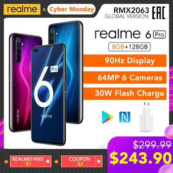 Перейти на Алиэкспресс и купить Realme 6 Pro глобальная Версия 8 ГБ ОЗУ 128 Гб ПЗУ Snapdragon 720G 30 Вт флэш-зарядка 4300 мАч 64 мп камера NFC EU зарядное устройство Play Store
