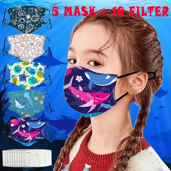 

5PC Mask+10PC Filter Kids Children Cartoon Ocean Fish Prints Outdoor Mask For Protection For Adults Scarf Flag Bandana#3