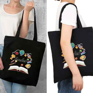 Bolsos de compras para mujer, bolsas de hombro de la serie Teacher, bolso de mano femenino de lona ecológica, bolso de mano para comestibles