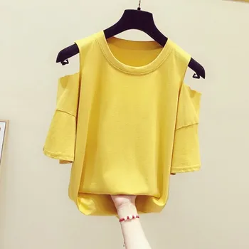 

Yellow Tshirt Women 2020 Summer New Fashion Simple Off-Shoulder Hollow Round Neck Short Sleeve T-shirt Women's Casual Cotton Tee
