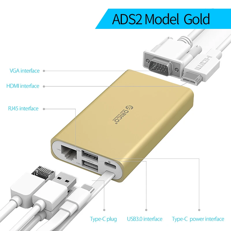 ORICO USB C концентратор type-C к HDMI/VGA/RJ45/TF/SD/USB3.0 концентратор многофункциональная док-станция с type-C зарядка PD для ПК - Цвет: ADS2 Gold