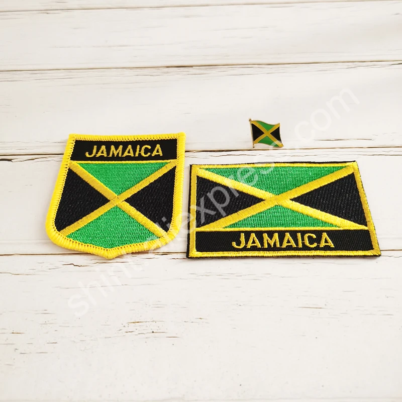 

Jamaica National Flag Embroidery Patches Badge Shield And Square Shape Pin One Set On The Cloth Armband Backpack Decoration