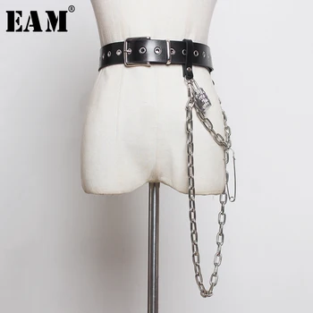 

[EAM] Pu Leather Buckle Black Chain Split Long Wide Belt Personality Women New Fashion Tide All-match Spring 2020 1R115