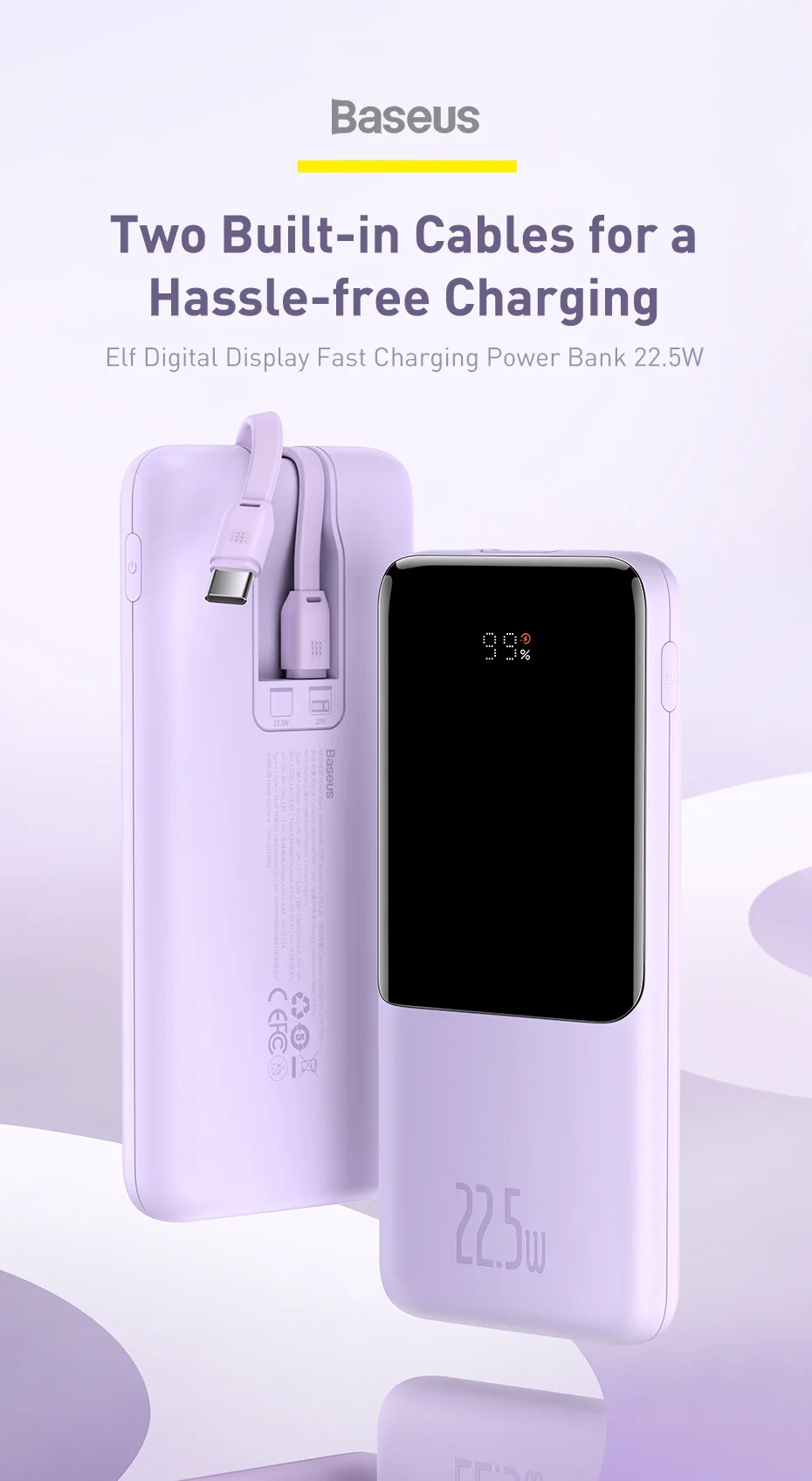 Baseus 22.5W Fast Charge Power Bank 10000mAh ELF Digital Display Type-C Built in Cables For iPhone 13 12 11 pro max mini Samsung S21 S20 Xiaomi