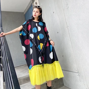 

Polka Dot Chiffon Dress Rivets Decorate Women Plus Size Loose Summer 2020 Vestidos Batwing Sleeve Patchwork Yellow Mesh Ruffles
