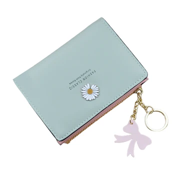

With Pendant Foldable Small Soft Gift Portable Short Zipper Fashion Student Thin Coin Purse Women Wallet Daisy Print PU Leather