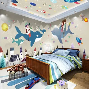 

milofi custom large wallpaper mural 3d hand drawn cartoon cute riding whale castle theme space background wallpaper mural