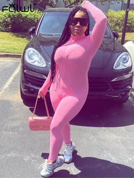 

FQLWL Streetwear Summer Pink Ribbed Knitted Bodycon Jumpsuit Women Romper Long Sleeve Ladies White Black Sexy Jumpsuit Female