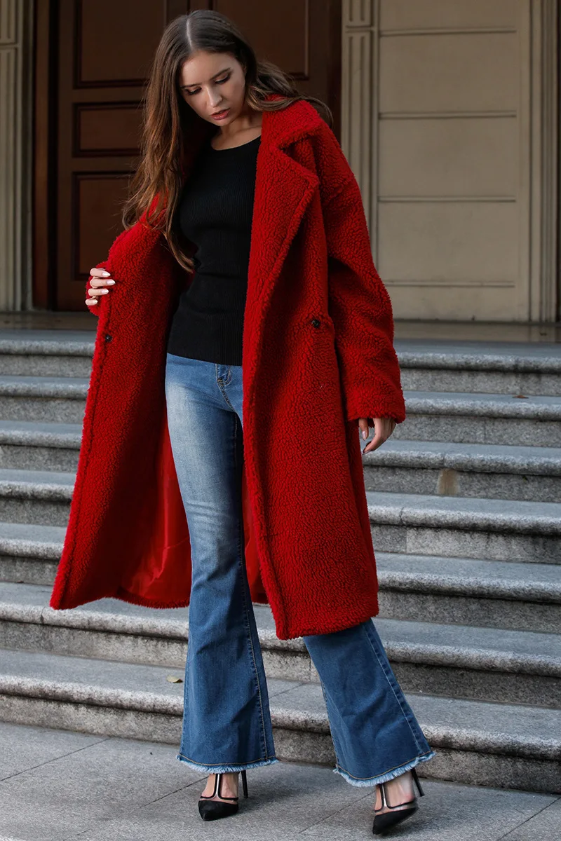 DEAT осенне-зимнее однобортное Красное Длинное свободное пальто на пуговицах женское плотное пальто MG699