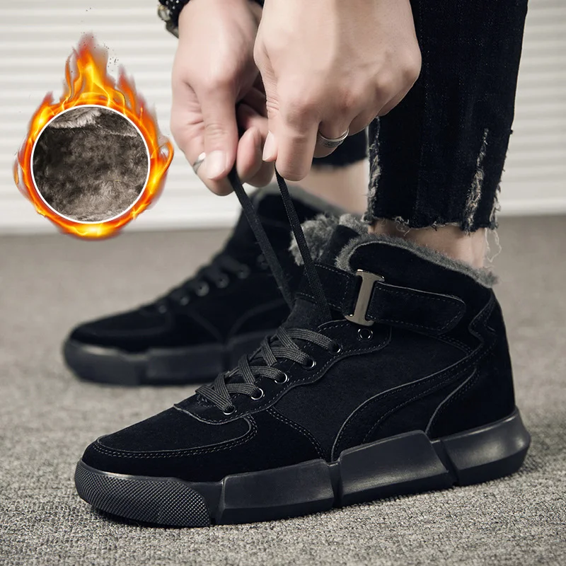 Winter Men Boots Plus Velvet Warm Sneakers Outdoors Waterproof Shoes Men High Top Lightweight Ankle Boots botas de hombre - Color: Black With Fur