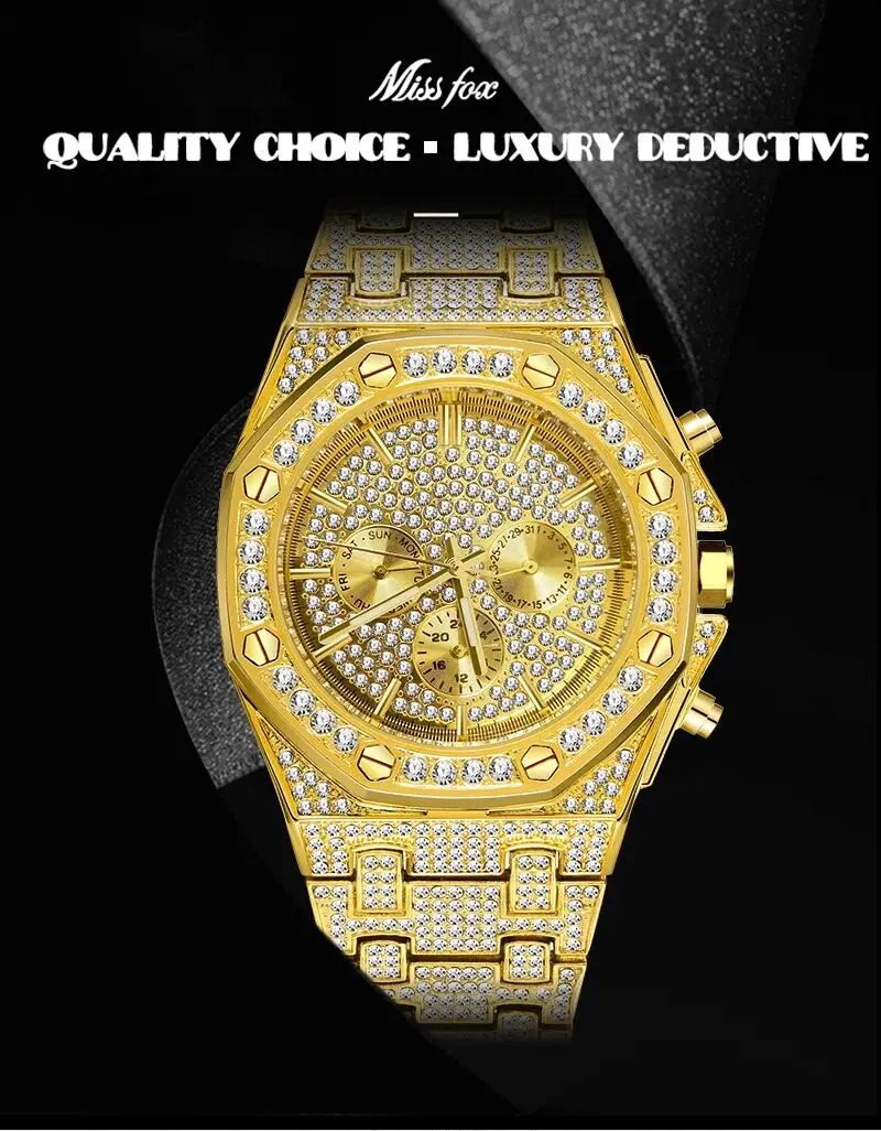 Free Dropshipping Big Men Watches 2020 Luxury Design Classic Waterproof Silver Bling Watch Stainless Steel Bracelet Wristwatch Clock 18K Gold Male Clock  (7)