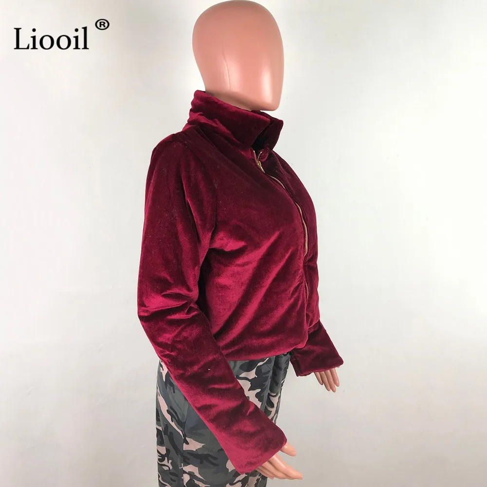 Liooil, сексуальные бархатные короткие свободные пальто и куртки для женщин, Осень-зима, уличная одежда с длинным рукавом, водолазка, на молнии, пальто, женская верхняя одежда