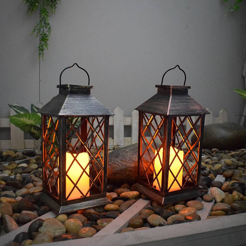 Solar Powered Lamp Retro Lantern Flame Warm White Candle Twinkle Light For Outdoor Waterproof Garden Hanging Decoration Lantern