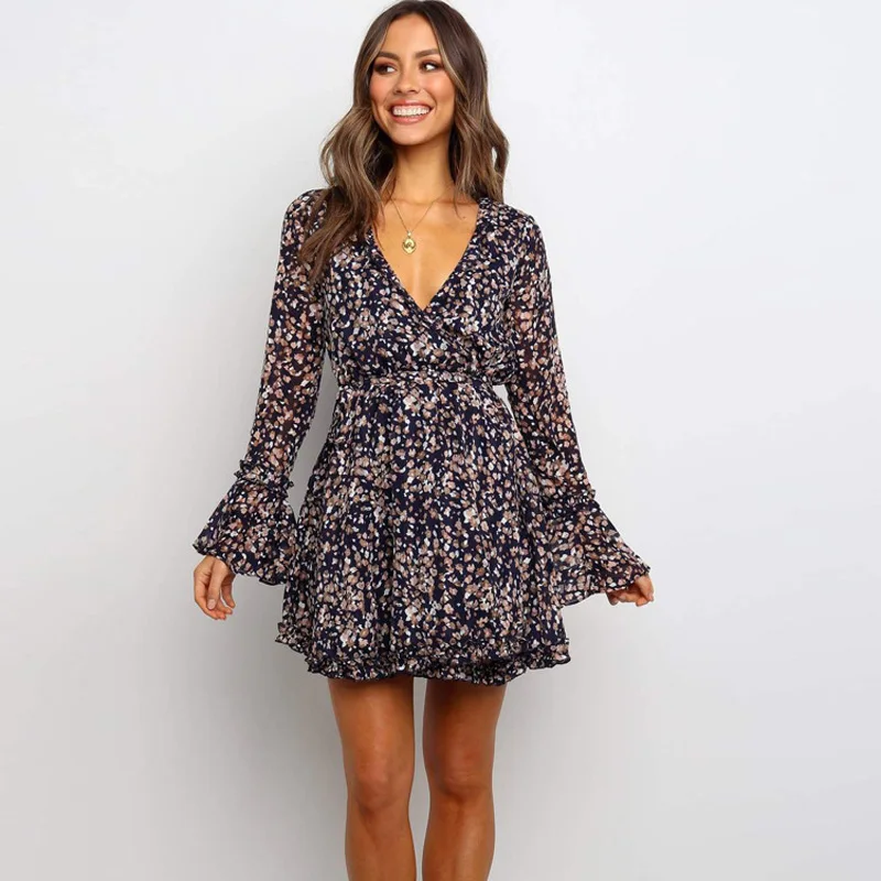 

2019 Women's Autumn Winter Ruffle Long Sleeve Sexy V Neck Flare Floral Print Pleated Short Office Lady Work Belted Wrap Dress