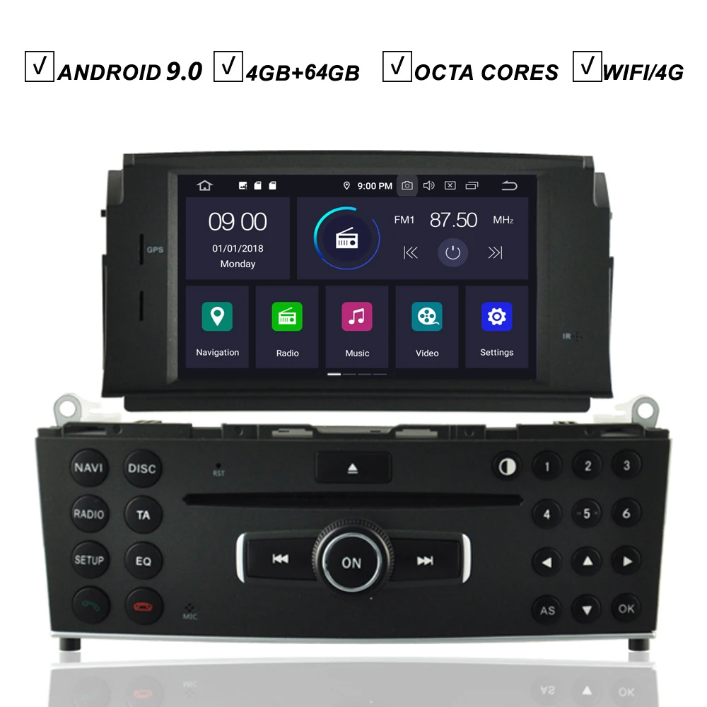 

Car Android 9.0 DVD GPS Player For Mercedes Benz C-Class W204 C200 Octa Core 4GB RAM+64GB ROM Radio BT Wifi MAP DAB+ Mirror Link