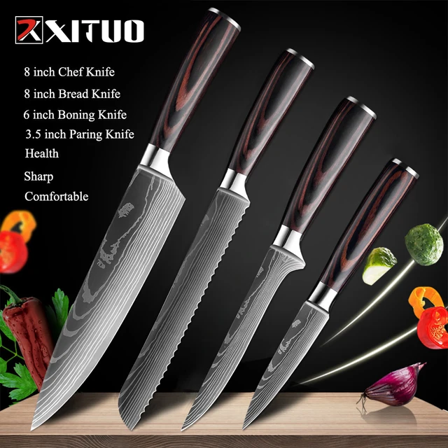 XITUO Chef knife 1-10 Pcs Set Kitchen Knives Laser Damascus Pattern Sharp Japanese Santoku Knife Cleaver Slicing Utility Knife 4 PCS Value set 02
