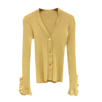 

SuperAen 2020 New Autumn French Elegant Solid Knitwear Women's Metal Button Pleated Petals V-neck Slim Cardigans