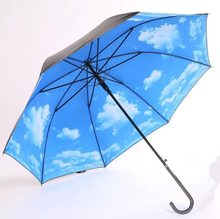 

Creative All-Weather Umbrella Blue Sky And White Clouds Folding Straight Pole Curved Handle Vinyl Parasol Advertising Umbrella a