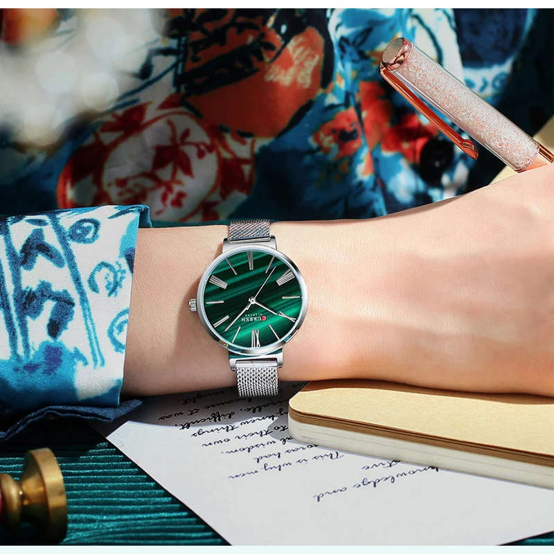 CURREN Luxury Watches for Women Malachite Green Quartz Dress Ladies Bracelet Wristwatch with Leather Female Clock Waterproof