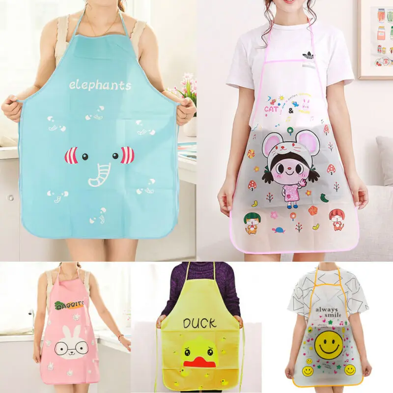 Women Cute Cartoon Apron Waterproof PVC Bibs Apron Kitchen Restaurant Cooking Bib Aprons Lady Girl OilProof Transparent Apron