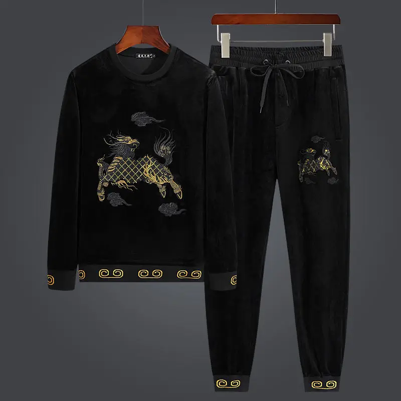 

Повседневный костюм в китайском стиле с вышивкой единорога, осень/зима, новый стиль, мужская Свободная блузка и брюки большого размера с комплектом из 2 предметов