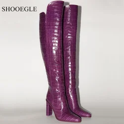 New Runway 2019 Autumn Winter Shoes Woman Crocodile Pattern Real Leather Knee High Boots  Pointed Toe Block Heels Women’s Boots