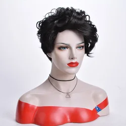 Women's Fashion Wig Black Color Short Curly Hair Wig with Side Bangs Soft Healthy Synthetic Curly Wavy Wig Natural Looking