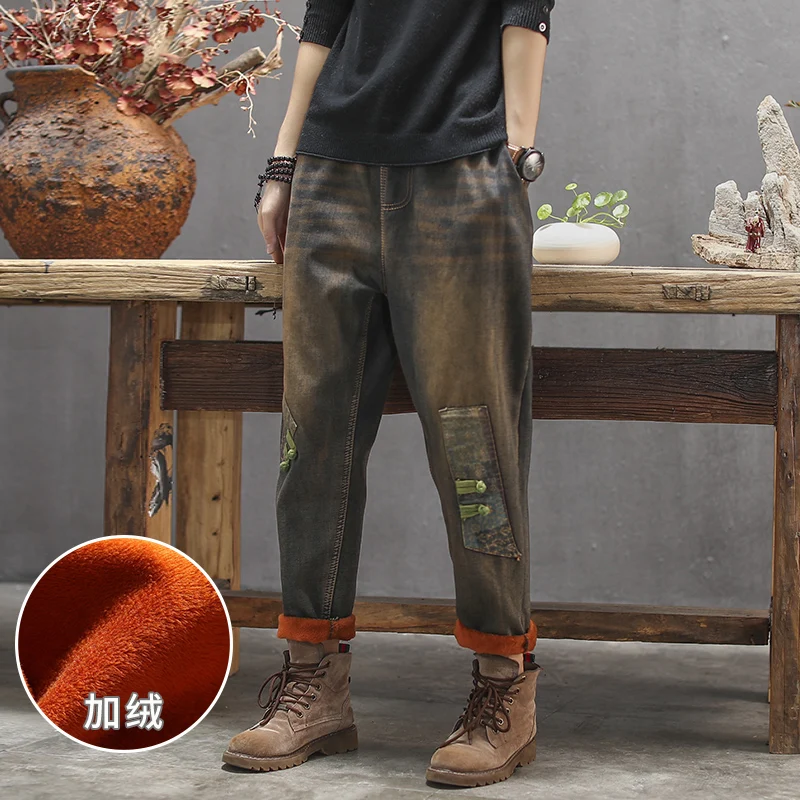 Зимние плотные джинсы с бархатом для женщин, винтажные джинсы, свободные прямые штаны с эластичной резинкой на талии, брюки с вышивкой