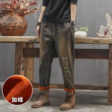 Зимние плотные джинсы с бархатом для женщин, винтажные джинсы, свободные прямые штаны с эластичной резинкой на талии, брюки с вышивкой