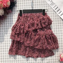 Летние свободные плиссированные юбки Babydoll с оборками и высокой талией, многослойные юбки, Студенческая тонкая юбка с цветочным принтом, асимметричная юбка-торт