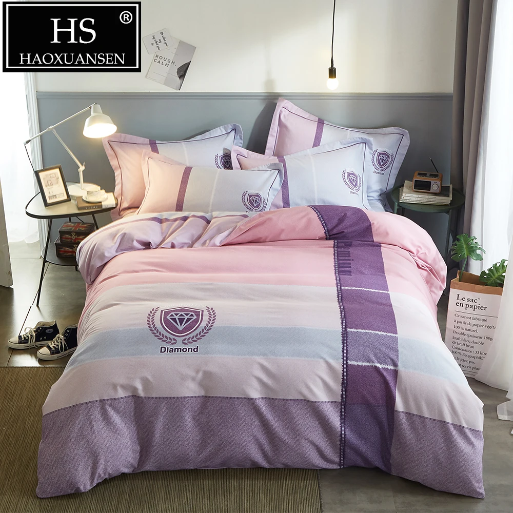 

Striped Sanding Cotton Bedding set Multicolor 4 Pieces Soft Warm Duvet Cover with diamond emblem for Winter Queen King Size