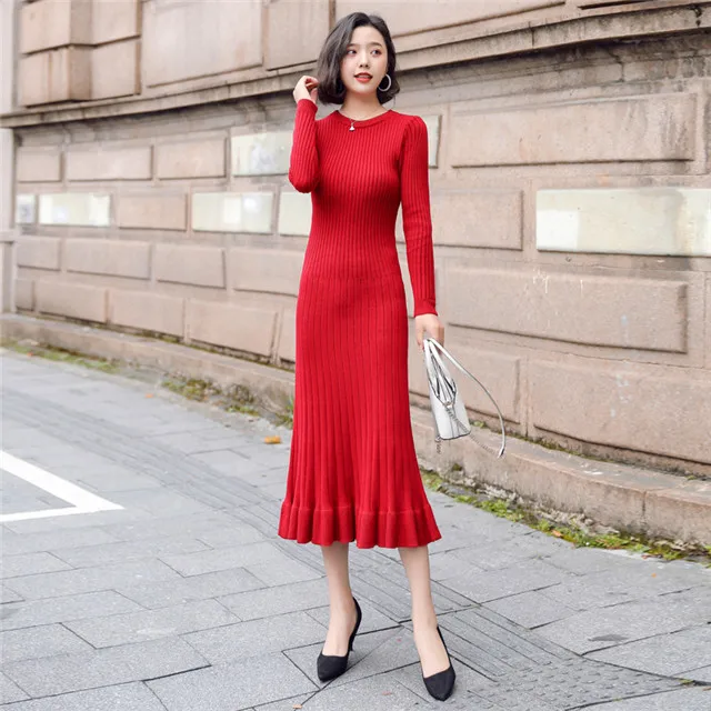 Осенне-зимнее вязаное длинное платье женское с длинным рукавом и круглым вырезом, с оборками, Теплое повседневное Черное Красное платье-свитер De Festa - Цвет: Красный