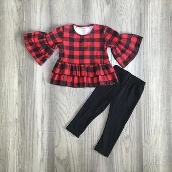 

baby Girl clothes girls fall/winter outfits red black plaid top bell bottom black pants girls boutique clothes