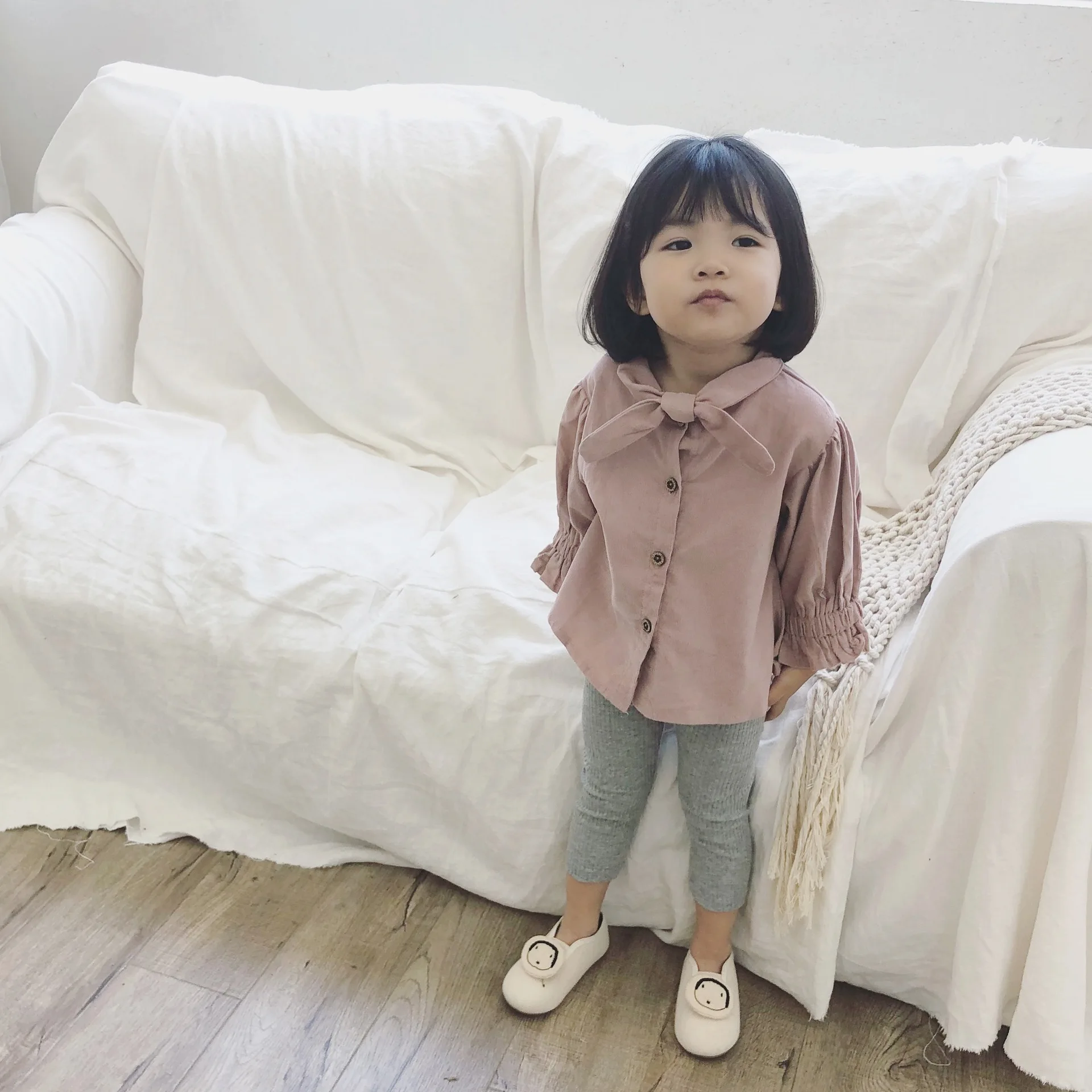 

Kaicity2018 Autumn And Winter Solid Color Korean-style Bow Corduroy Shirt Girls Lantern Puff Sleeve Tops