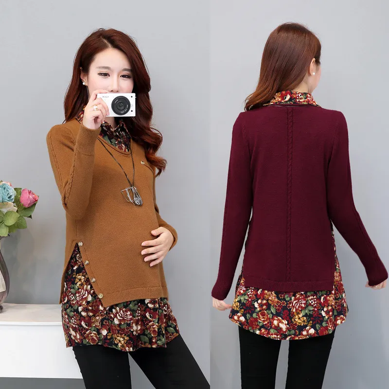 

Autumn Maternity Sweaters Korean Patchwork Pullovers Shirts Floral Printed Tops For Pregnant Women Clothing Pregnancy Clothes