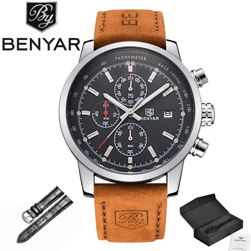 Silver Black BENYAR часы мужские роскошные брендовые кварцевые часы модные хронограф часы Reloj Hombre спортивные часы мужские часы Relogio Masculino - Цвет: Silver Black