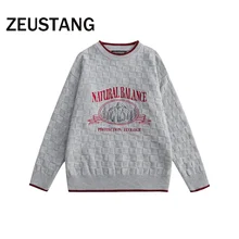 

Zeustang Fashion Streetwear Harajuku Sweaters Knitted Lettert Print Plaid Pullover Sweater Hip Hop Casual Loose Outerwear Tops