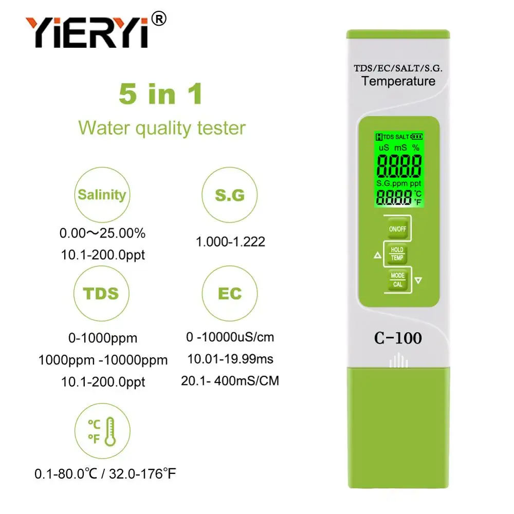 Yieryi 5 in 1 TDS/EC/SALZ/S.G./temperatur Meter Digitale Wasser Qualität Monitor Tester für Pools, Trinkwasser, Aquarien