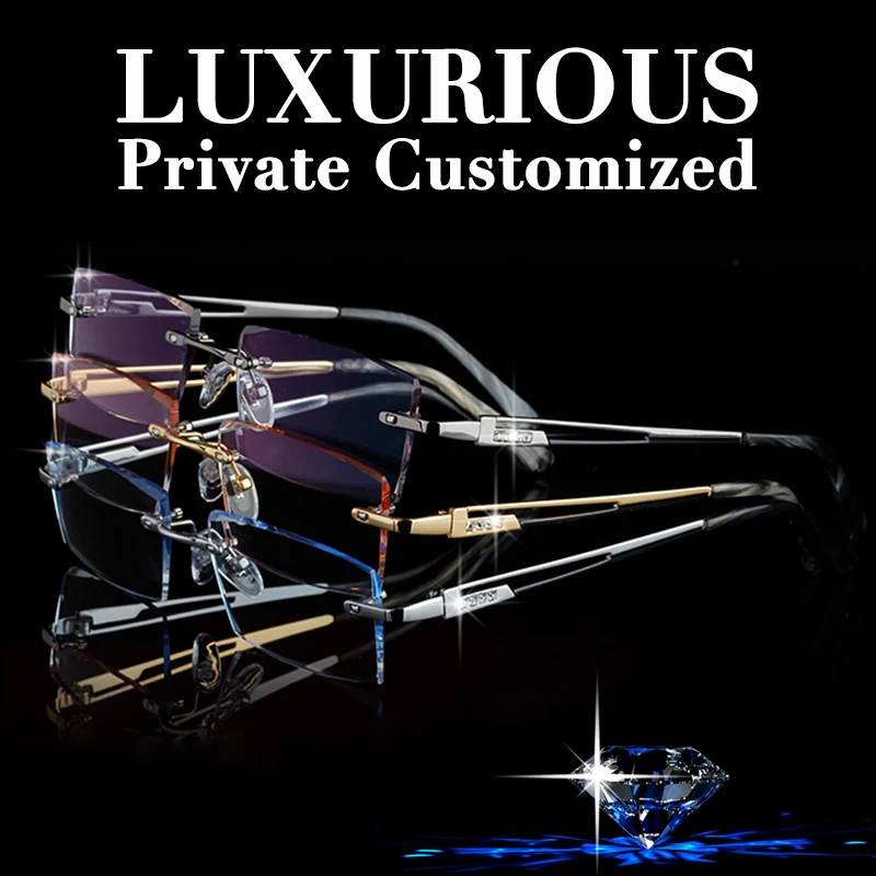 Luxury Gold Glasses Frames Men Rhinestone Eyeglass Titanium Frame High Clear Lens Ti Rimless Optical Complete Spectacles 645